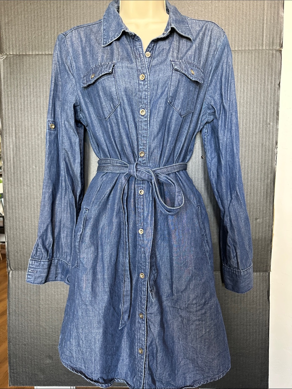 Banana Republic Chambray Shirt Dress in Deep Blue with Tie Waist